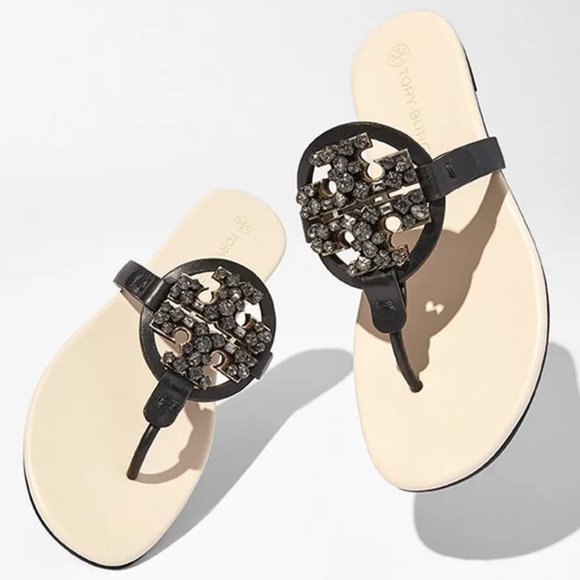 Tory Burch MANY SIZES CRYSTAL MILLER SOFT SANDAL Embellished Jeweled Two Tone - Picture 1 of 10